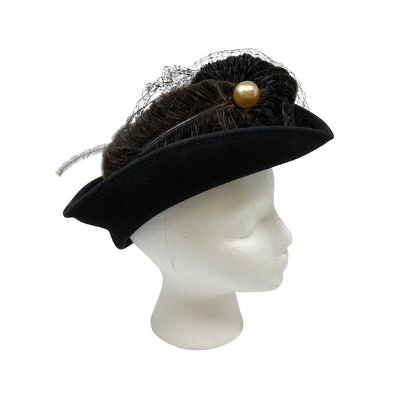 Vintage Karo New York Black Felt Hat Pearl Accent Veil Cocktail Fascinator - Picture 4 of 7